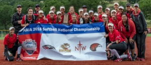 Softball team holding National Championship 2018 banner