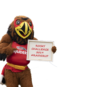 Rocky mascot holding sign